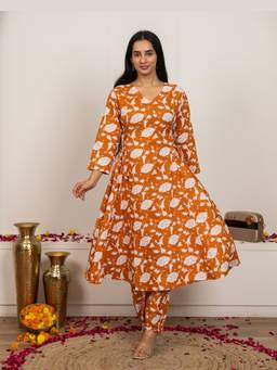 Sivi - Rust Hand Block Printed Cotton Kurta with Pants