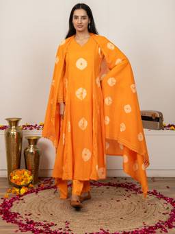 Sivi - Orange Tie and Dye Cotton Anarkali with Pant and Dupatta