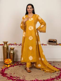 Sivi - Mustard Yellow Tie and Dye Cotton Kurta with Pants and Dupatta