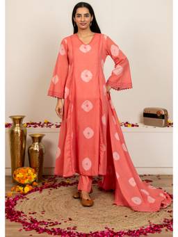 Sivi - Peach Tie and Dye Cotton Anarkali with Kurta and Dupatta