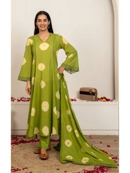 Sivi - Green Tie and Dye Cotton Kurta with Pants and Dupatta
