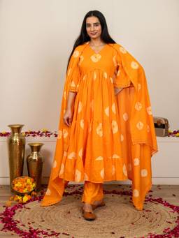 Sivi - Orange Tie and Dye Anarkali Empire Kurta with Pant and Dupatta