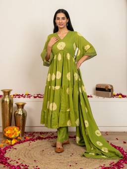 Sivi - Green Tie and Dye Cotton Kurta with Pants and Dupatta
