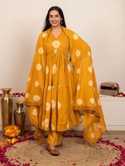Sivi - Mustard Yellow Tie and Dye Cotton Kurta with Pants and Dupatta
