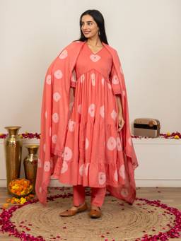 Sivi - Peach Tie and Dye Cotton Anarkali Empire Kurta with Pant and Dupatta