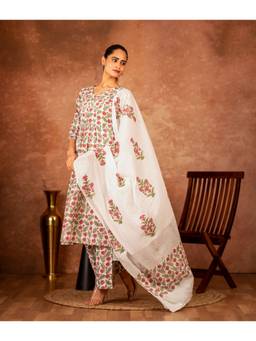 Sivi - White Hand Block Floral Printed Cotton Kurta with Pant and Dupatta