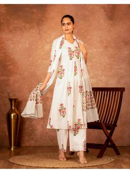 Sivi - Off White Pink Hand Block Floral Printed Cotton Kurta with Pants and Dupatta