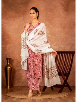Sivi - Pink Floral Printed Cotton Kurta with Palazzo and Dupatta