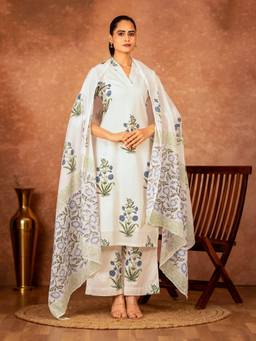 Sivi - Off White Blue Hand Block Floral Printed Cotton Kurta with Palazzo and Dupatta