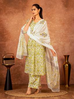 Sivi - Yellow Hand Block Kurta with Pant and Dupatta