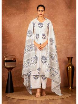 Sivi - Off White Blue Hand Block Printed Cotton Kurta with Palazzo and Dupatta