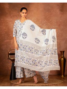 Sivi - Blue Hand Block Floral Printed Cotton Kurta, Palazzo and Dupatta