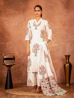 Sivi - Off White Red Hand Block Printed Cotton Kurta with Palazzo and Dupatta