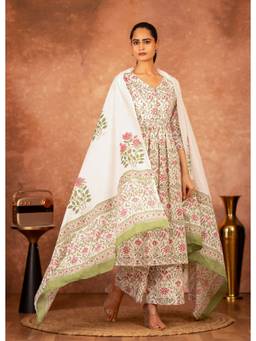 Sivi - Green Hand Block Floral Printed Cotton Kurta with Palazzo and Dupatta