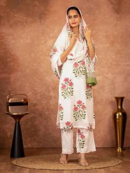 Sivi - Off White Red Green Hand Block Printed Cotton Kurta with Palazzo and Dupatta