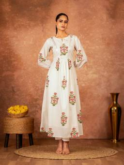Sivi - Off White Pink Hand Block Printed Cotton Kurta and Pants