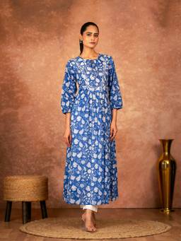 Sivi - Blue Floral Hand Block Printed Cotton Kurta and Pants