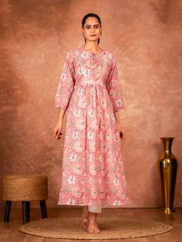 Sivi - Pink Hand Block Printed Cotton Kurta with Pant
