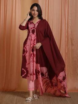 Sivi - Maroon Tie and Dye Cotton Mulmul Kurta with Pant and Dupatta