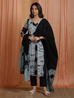 Sivi - Black Blue Tie and Dye Cotton Mulmul Kurta with Pants and Dupatta