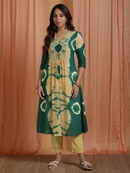 Sivi - Green Yellow Tie and Dye Cotton Mulmul Kurta with Pants