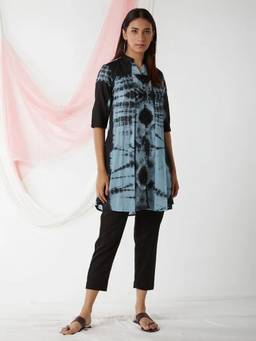 Sivi - Black Sky Blue Tie and Dye Cotton Mulmul Tunic with Pants