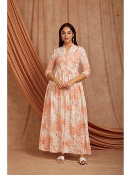 Sivi - Peach Printed Cotton Long Kurta with Pants