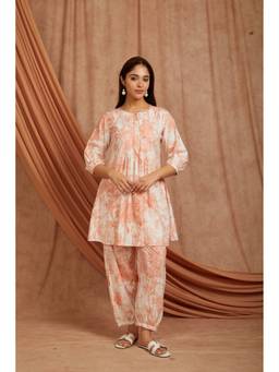 Sivi - Peach Printed Cotton Short Kurta with Pants