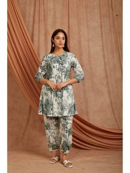Sivi - Green Printed Cotton Short Kurta with Pants