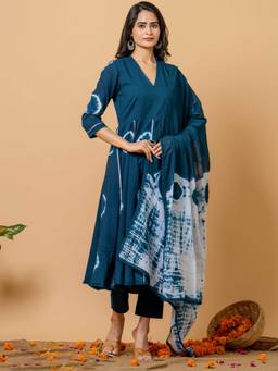 Sivi - Turquoise Tie and Dye Anarkali Kurta with Pant and Dupatta