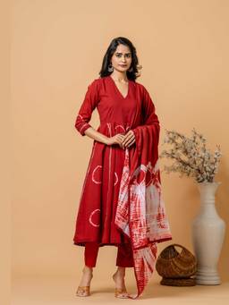 Sivi - Red Tie and Dye Anarkali Kurta with Pant and Dupatta