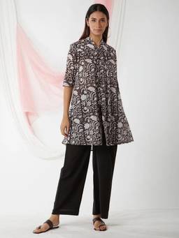Sivi - Black Hand Block Printed Cotton Mulmul Tunic with Palazzo