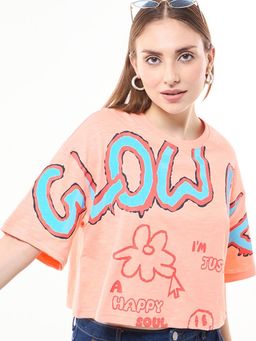 Bewakoof - Air 1.0 Women's Orange Glow Up Graphic Printed Oversized Short Top