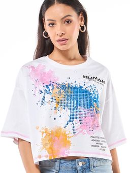 Bewakoof - Women's White Human Graphic Printed Oversized Short Top