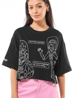 Bewakoof - Women's Black Rick N Monty Chats Graphic Printed Oversized Short Top