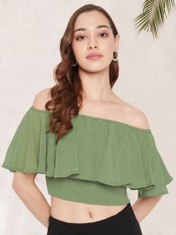 Martini - Women Olive Chiffon Off Shoulder Crop Top