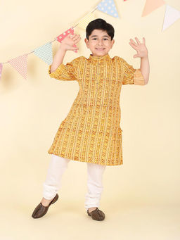 Fabindia - Yellow Cotton Hand Block Printed Long Kurta