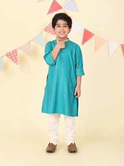 Fabindia - Teal Viscose Blend Dobby Long Kurta