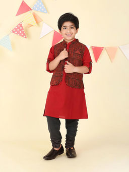 Fabindia - Red Cotton Bagru Printed Kurta & Nehru Jacket (Set of 2)