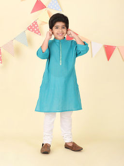 Fabindia - Teal Cotton Blend Long Kurta