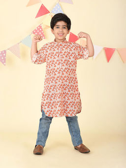 Fabindia - Red Cotton Hand Block Printed Long Kurta
