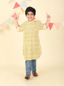 Fabindia - Yellow Cotton Hand Block Printed Long Kurta