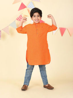 Fabindia - Orange Cotton Hand Block Printed Long Kurta