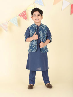 Fabindia - Blue Cotton Dabu Printed Kurta with Trouser & Nehru Jacket (Set of 3)