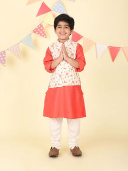 Fabindia - Peach Viscose Blend Ikat Kurta & Nehru Jacket (Set of 2)