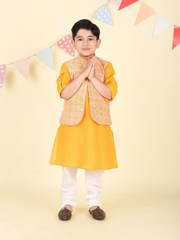 Fabindia - Yellow Cotton Hand Block Printed Kurta & Nehru Jacket (Set of 2)