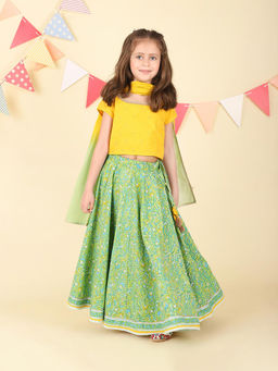 Fabindia - Green Cotton Hand Block Printed Lehenga with Choli & Dupatta (Set of 3)