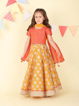 Fabindia - Orange Cotton Silk Mirror Work Lehenga with Choli & Dupatta (Set of 3)