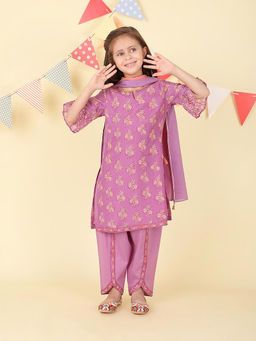 Fabindia - Purple Rayon Blend Printed Kurta with Salwar & Dupatta (Set of 3)
