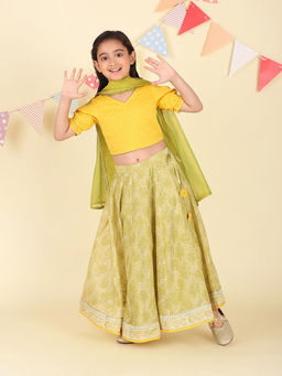 Fabindia - Green Cotton Silk Hand Block Printed Lehenga with Choli & Dupatta (Set of 3)